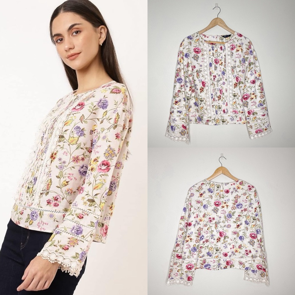 Cottagecore Linen Blend Lace Detail Floral Blouse, 14